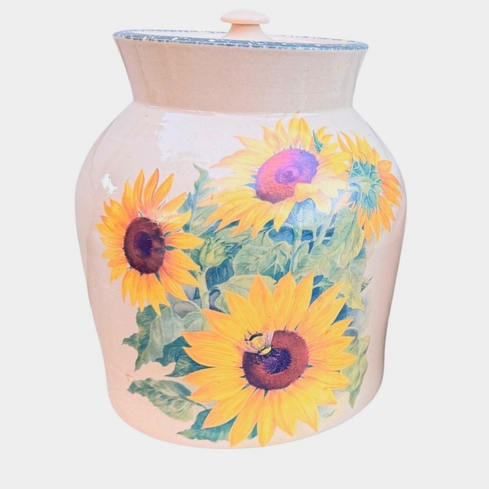 2001 Home Garden Party Large Vintage Sunflower Bee Ceramic Canister Cream